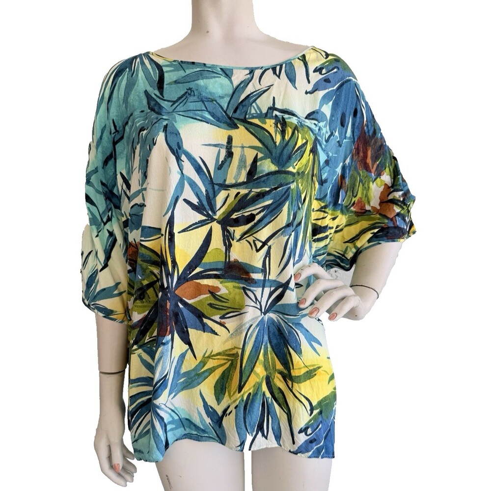 JAMS WORLD Top Blouse Cold Shoulder Colorful Floral Hawaiian Aloha Print Size L